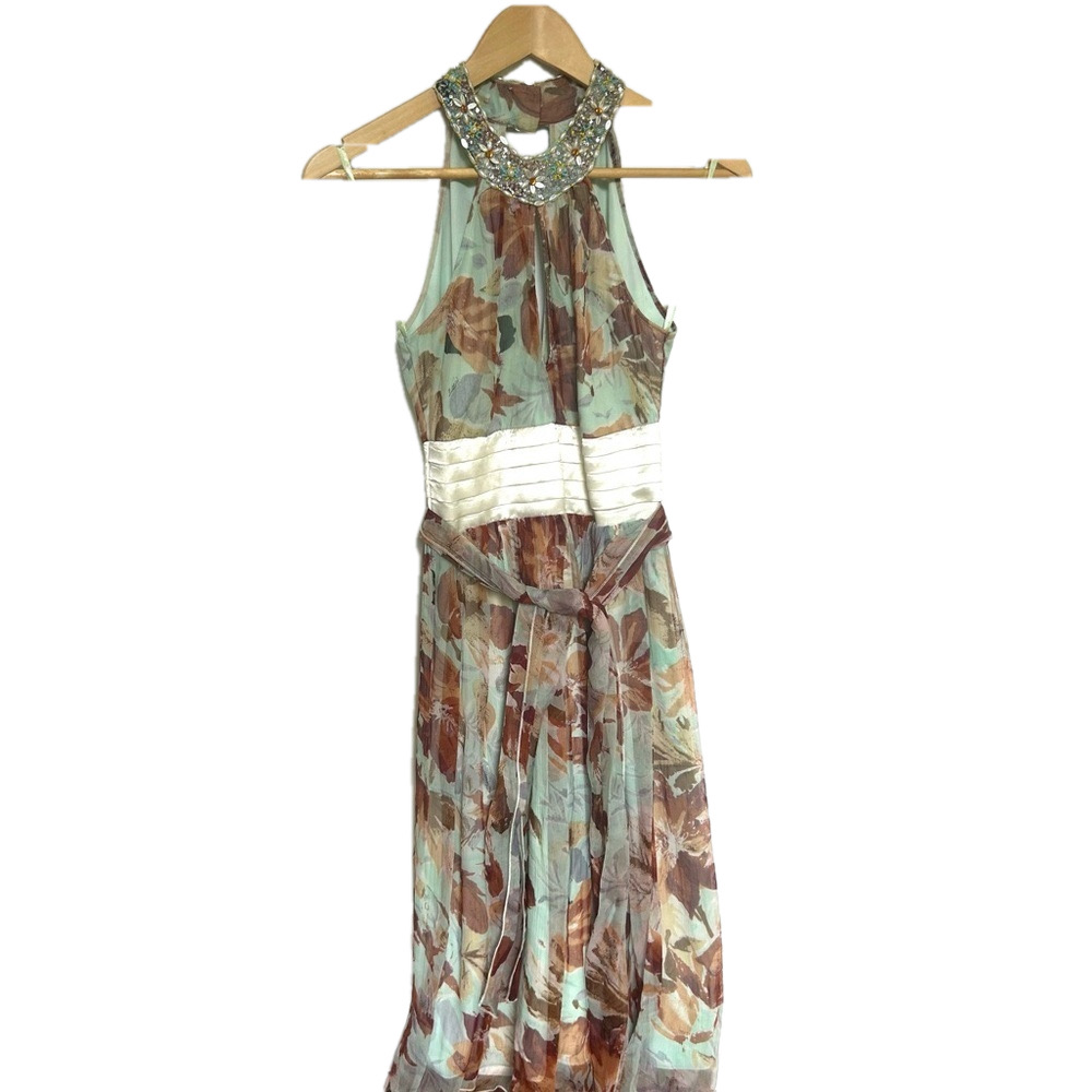 RK  flowy halter  Evening  Dress  Floral Wedding Guest  Gathered Waist